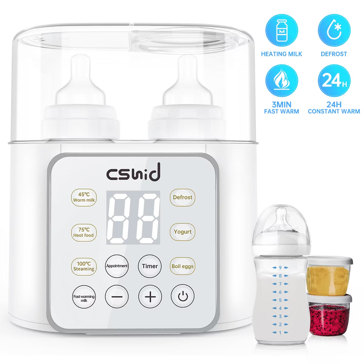 Bottle Warmer for Baby, Double Bottels Milk Warmer 9 in 1 Fast Food Heater & Defrost Bpa-Free with Appointment, LCD Display, Timer & 24H Temperature Control for Breastmilk & Formula