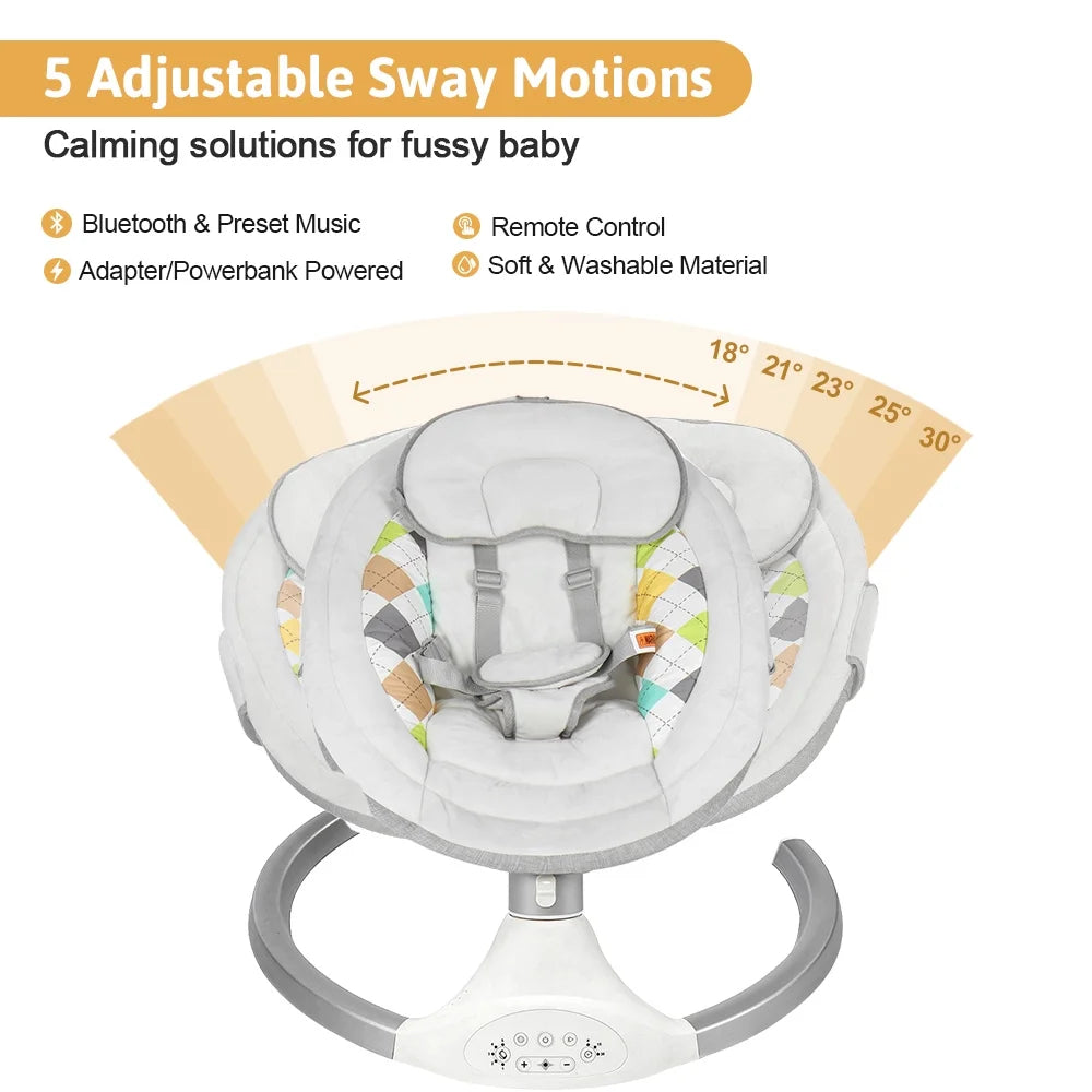 Baby Swing for Infants,  Baby Rocker with Dinner Plate, 5 Swing Speeds, Adapter Battery Operated, Indoor,Outdoor, Grey