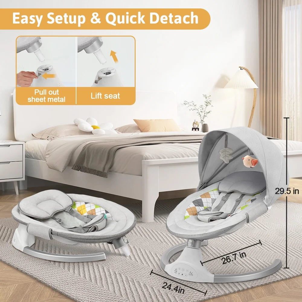 Baby Swing for Infants,  Baby Rocker with Dinner Plate, 5 Swing Speeds, Adapter Battery Operated, Indoor,Outdoor, Grey