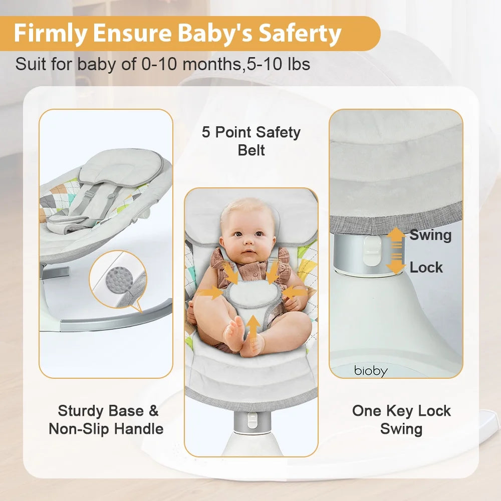 Baby Swing for Infants,  Baby Rocker with Dinner Plate, 5 Swing Speeds, Adapter Battery Operated, Indoor,Outdoor, Grey