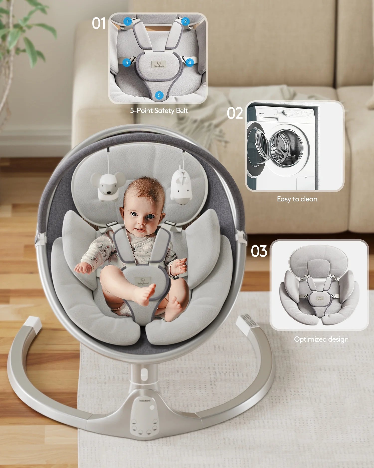 Baby Swing for Infants, Portable Swing for Baby Boy Girl,Remote Control Indoor Baby Rocker with 5 Sway Speeds,1 Seat Positions,10 Music and Bluetooth