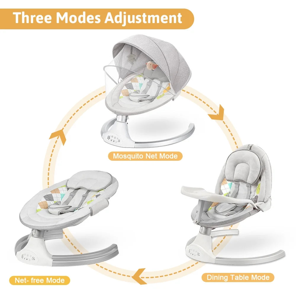 Baby Swing for Infants,  Baby Rocker with Dinner Plate, 5 Swing Speeds, Adapter Battery Operated, Indoor,Outdoor, Grey