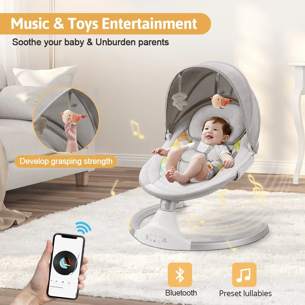 Baby Swing for Infants,  Baby Rocker with Dinner Plate, 5 Swing Speeds, Adapter Battery Operated, Indoor,Outdoor, Grey