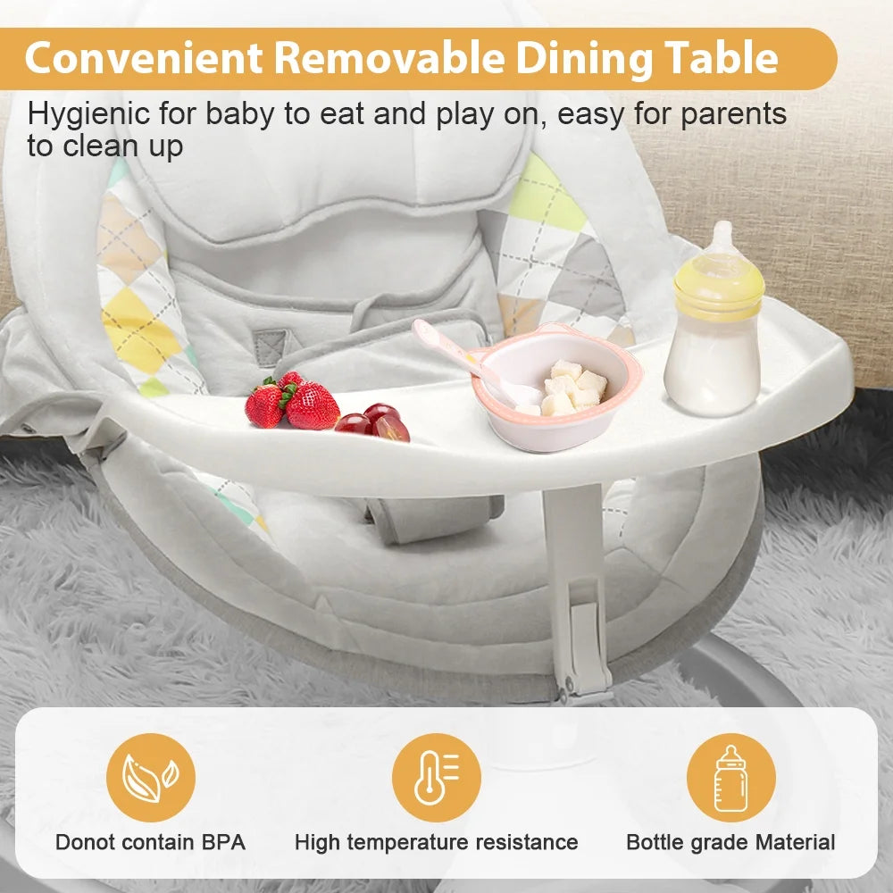 Baby Swing for Infants,  Baby Rocker with Dinner Plate, 5 Swing Speeds, Adapter Battery Operated, Indoor,Outdoor, Grey