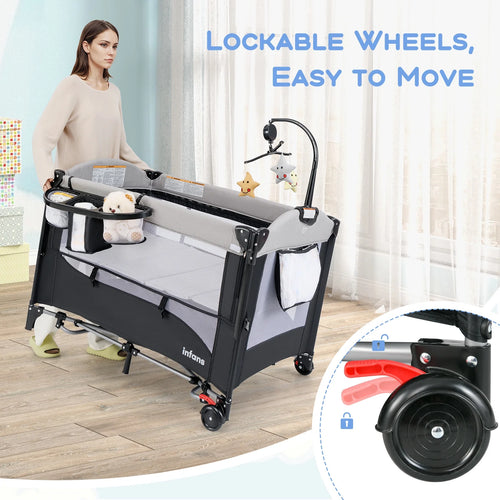 5 in 1 Portable Playard Baby Bassinet Bedside Sleeper, Diaper Changer, Mattress, Carry Bag, Music Box & Hanging Toys, Foldable Bedside Crib for Newborn Toddlers