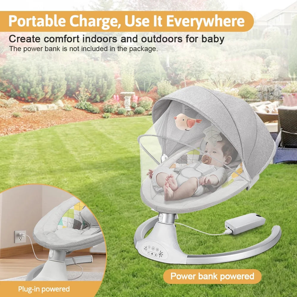 Baby Swing for Infants,  Baby Rocker with Dinner Plate, 5 Swing Speeds, Adapter Battery Operated, Indoor,Outdoor, Grey
