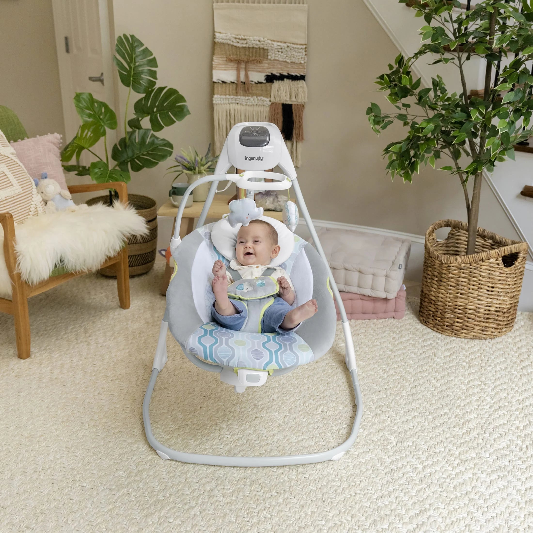 Simplecomfort Baby Swing, Infants, Blue/Green, Vibrating Seat, Multi-Direction, Compact, Everston