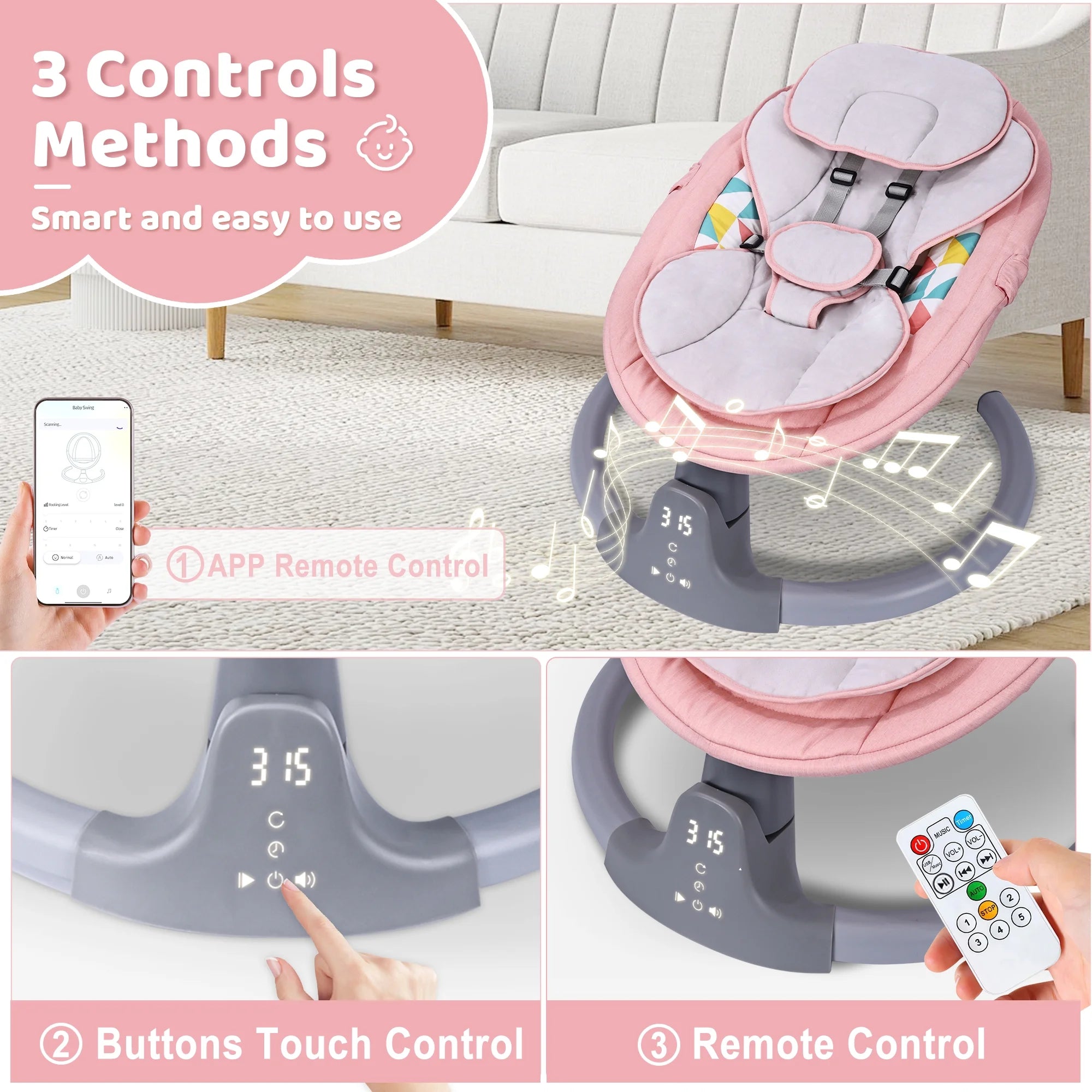 Baby Swing, Baby Swing for Infants,Portable Electric Baby Rocker with 5 Sway Speed,10 Preset Songs,Remote Control,Bluetooth Music,Pink