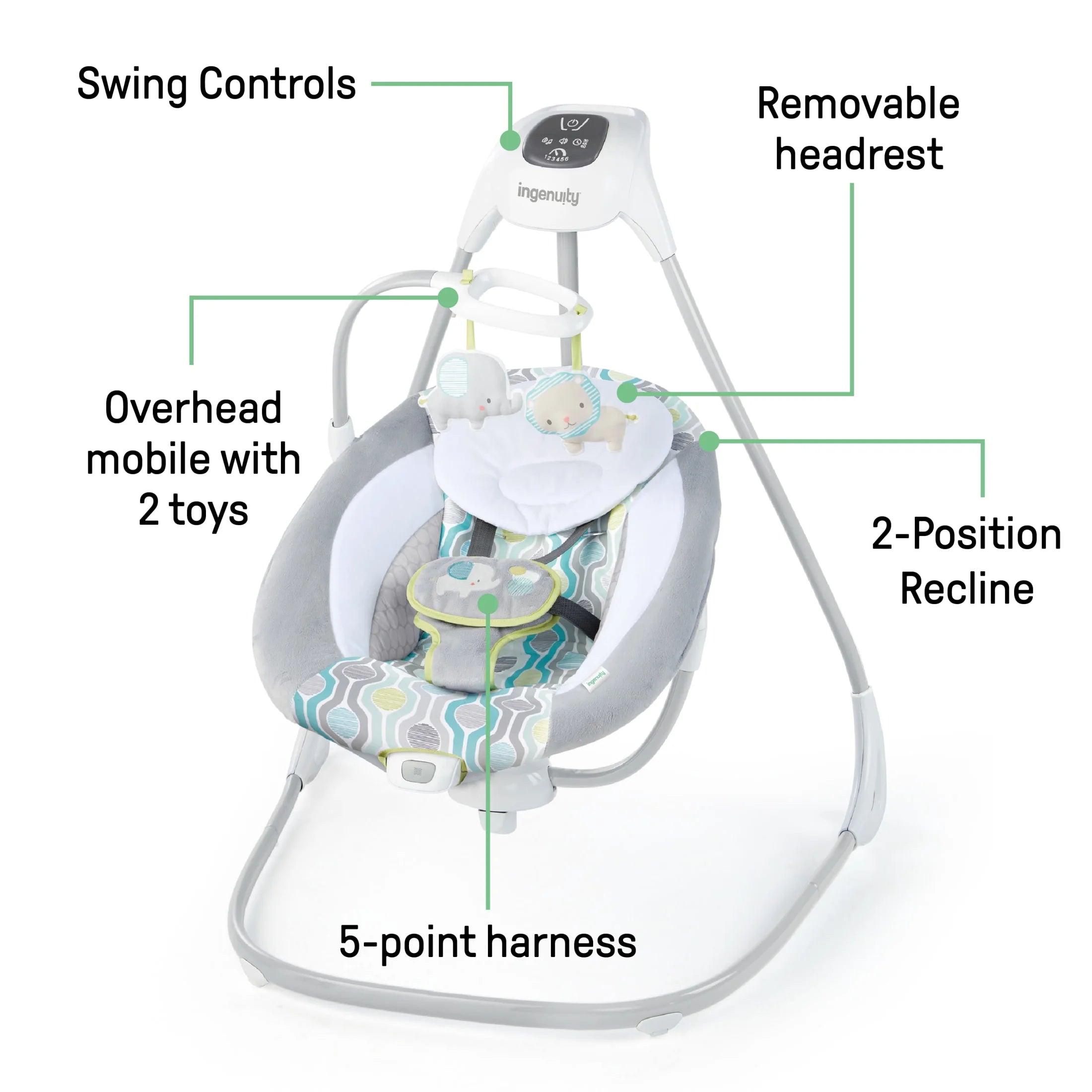 Simplecomfort Baby Swing, Infants, Blue/Green, Vibrating Seat, Multi-Direction, Compact, Everston