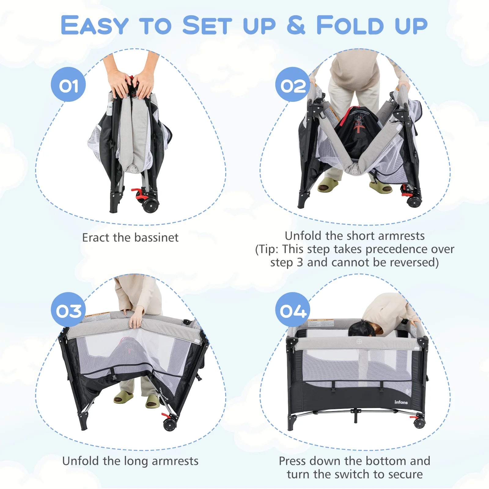 5 in 1 Portable Playard Baby Bassinet Bedside Sleeper, Diaper Changer, Mattress, Carry Bag, Music Box & Hanging Toys, Foldable Bedside Crib for Newborn Toddlers