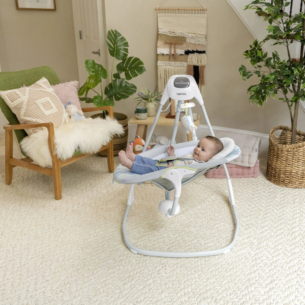 Simplecomfort Baby Swing, Infants, Blue/Green, Vibrating Seat, Multi-Direction, Compact, Everston