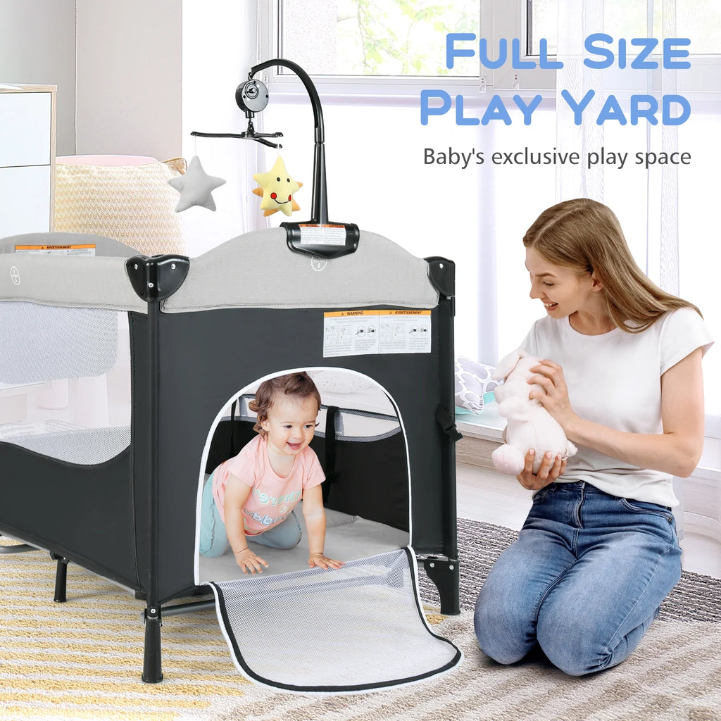 5 in 1 Portable Playard Baby Bassinet Bedside Sleeper, Diaper Changer, Mattress, Carry Bag, Music Box & Hanging Toys, Foldable Bedside Crib for Newborn Toddlers